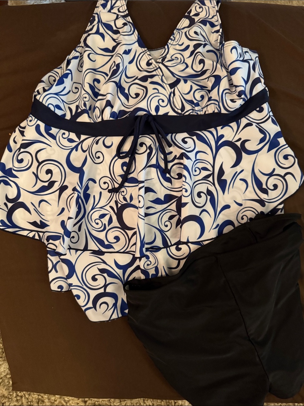 NWOT Size XXL Blue & White Swirl Tankini with Black Bottoms - Picture 1 of 13